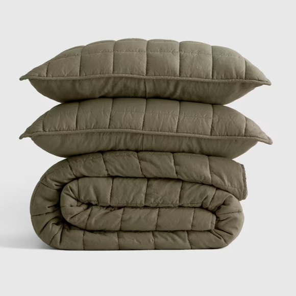 NWT QUINCE European Linen Box Quilt Set Full/Queen Dusty Olive 0742 - Picture 1 of 8